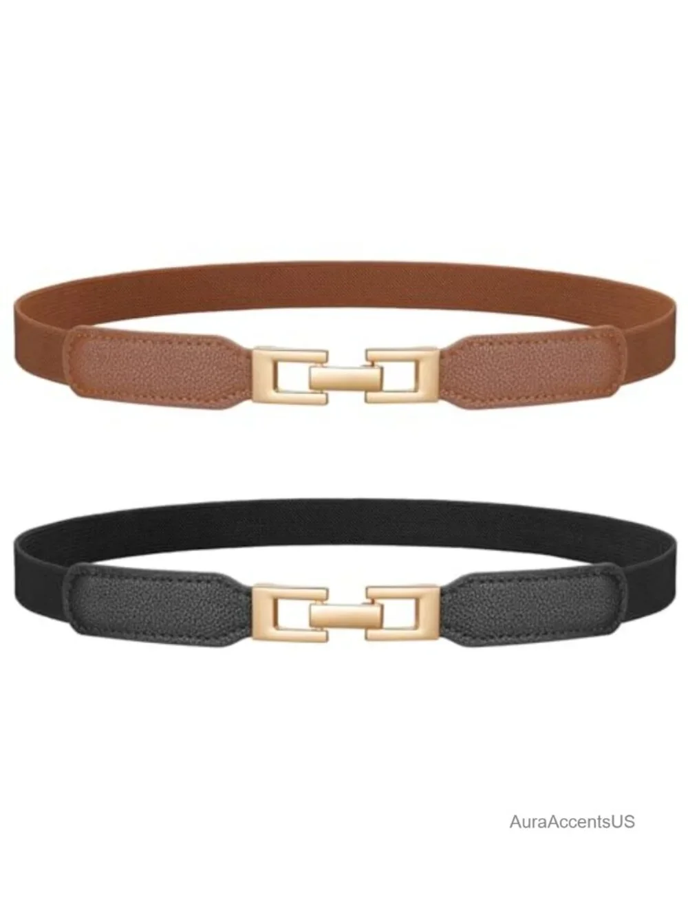 2 Pack Skinny Stretchy Belt for Dresses Thin Elastic Waist Belt with Gold Buckle